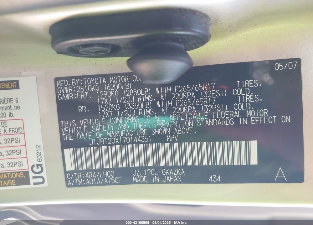 2007 LEXUS GX 470 VIN: JTJBT20X170144351