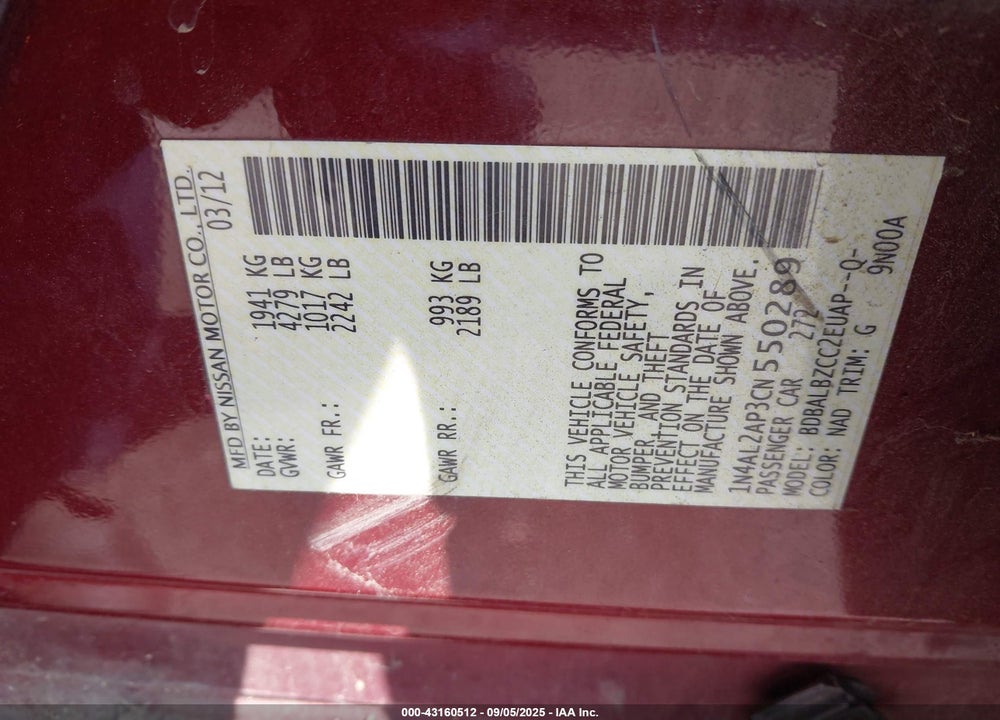 2012 NISSAN ALTIMA 2.5 S VIN: 1N4AL2AP3CN550289