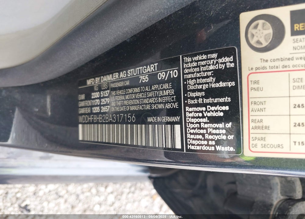 2011 MERCEDES-BENZ E-CLASS VIN: WDDHF8HB2BA317156