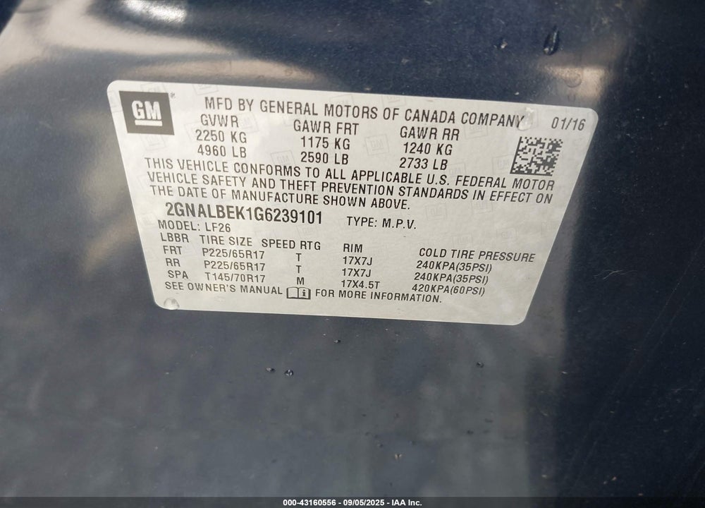 2016 CHEVROLET EQUINOX VIN: 2GNALBEK1G6239101