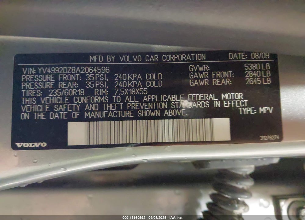 2010 VOLVO XC60 VIN: YV4992DZ8A2064596