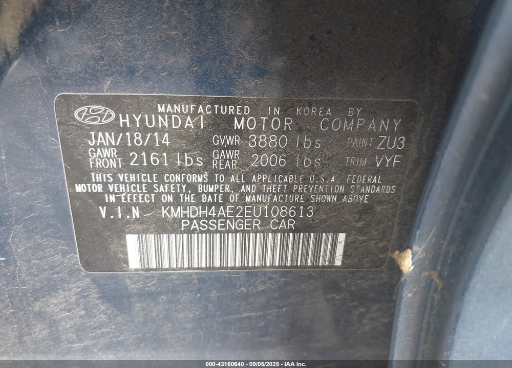 2014 HYUNDAI ELANTRA LIMITED VIN: KMHDH4AE2EU108613