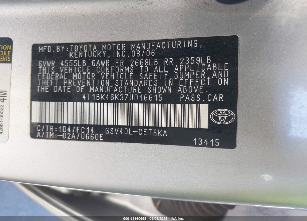 2007 TOYOTA CAMRY SE V6 VIN: 4T1BK46K37U016615
