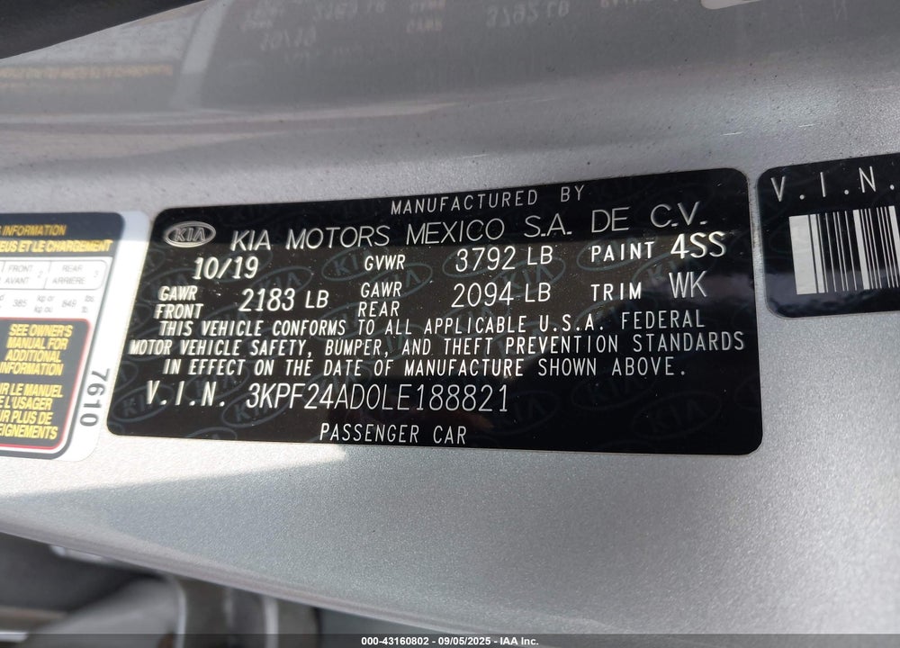 2020 KIA FORTE LXS VIN: 3KPF24AD0LE188821