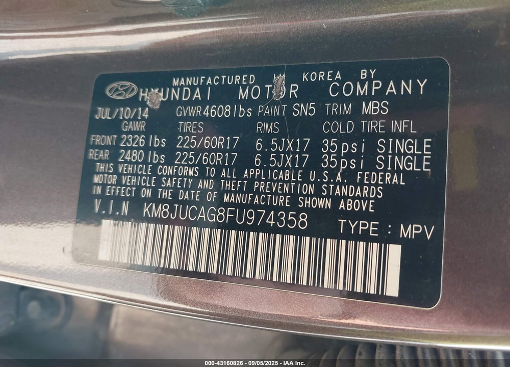 2015 HYUNDAI TUCSON VIN: KM8JUCAG8FU974358