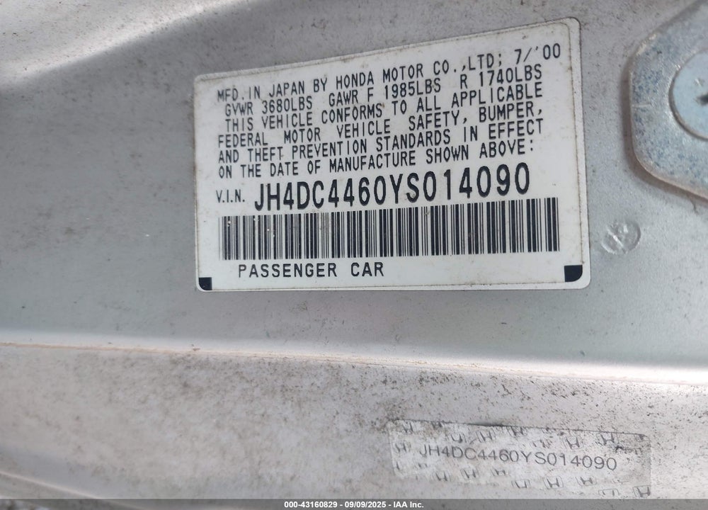 2000 ACURA INTEGRA GS VIN: JH4DC4460YS014090