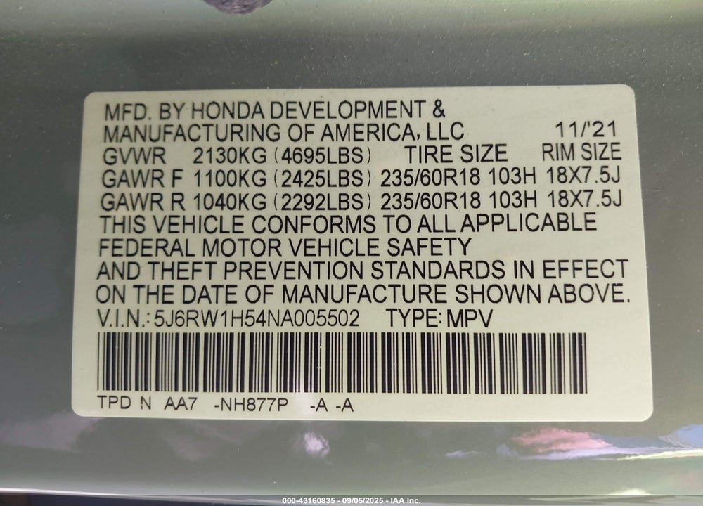 2022 HONDA CR-V VIN: 5J6RW1H54NA005502