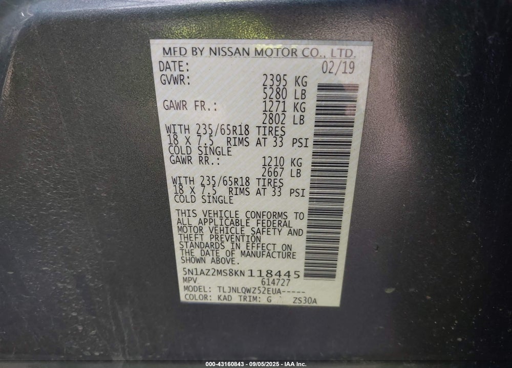2019 NISSAN MURANO VIN: 5N1AZ2MS8KN118445