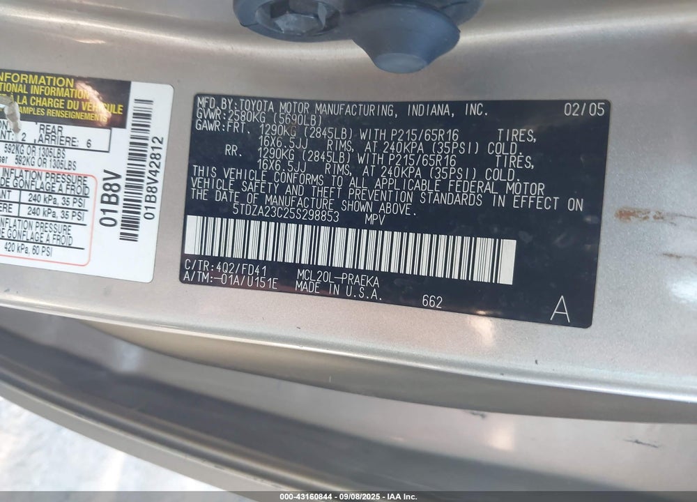 2005 TOYOTA SIENNA CE VIN: 5TDZA23C25S298853