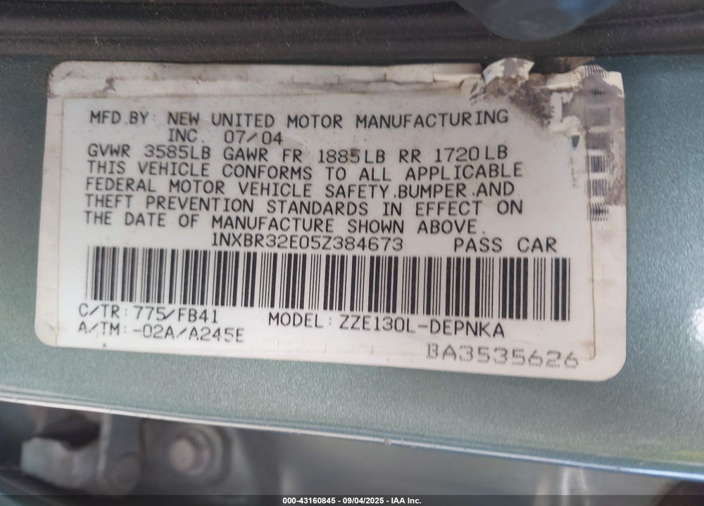 2005 TOYOTA COROLLA LE VIN: 1NXBR32E05Z384673