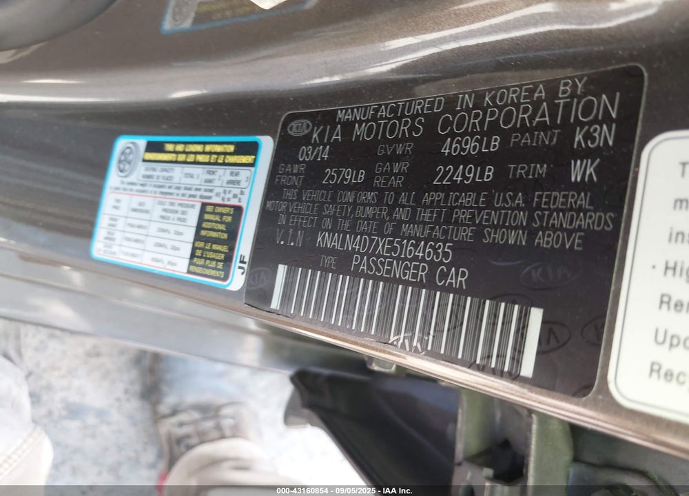 2014 KIA CADENZA VIN: KNALN4D7XE5164635
