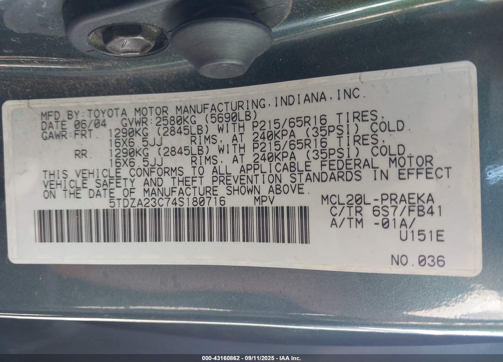 2004 TOYOTA SIENNA LE VIN: 5TDZA23C74S180716