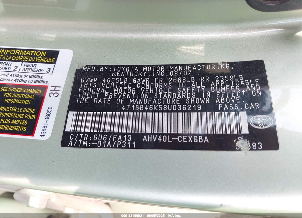 2008 TOYOTA CAMRY HYBRID VIN: 4T1BB46K58U036219