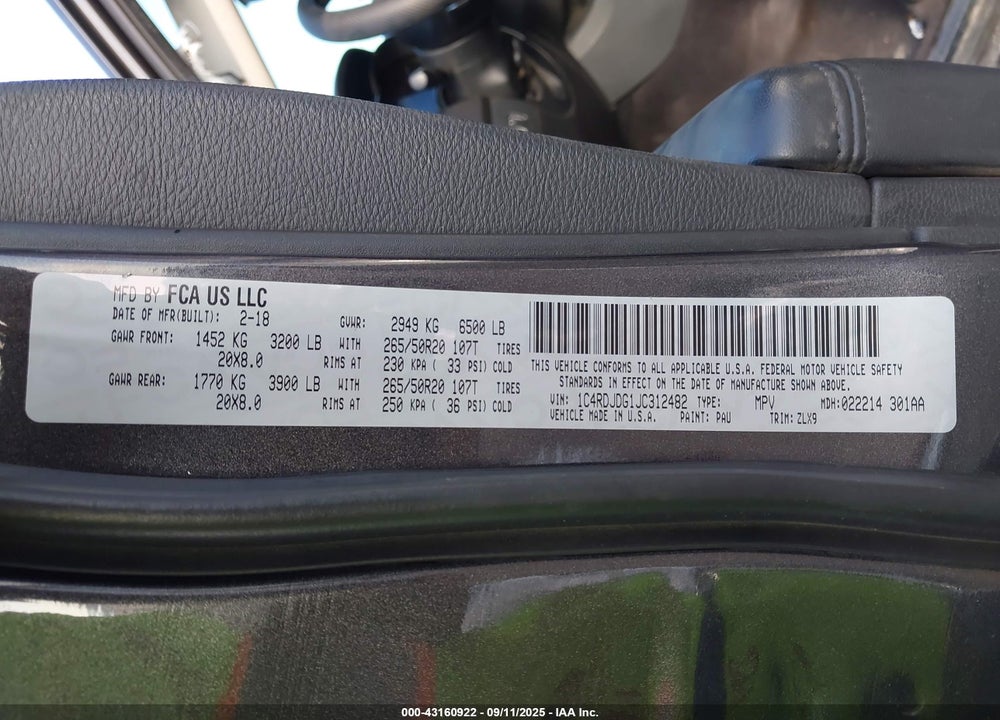 2018 DODGE DURANGO VIN: 1C4RDJDG1JC312482