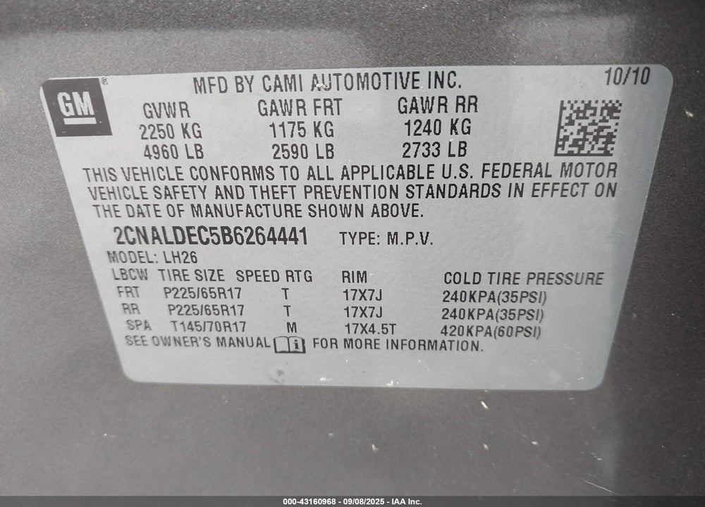 2011 CHEVROLET EQUINOX VIN: 2CNALDEC5B6264441