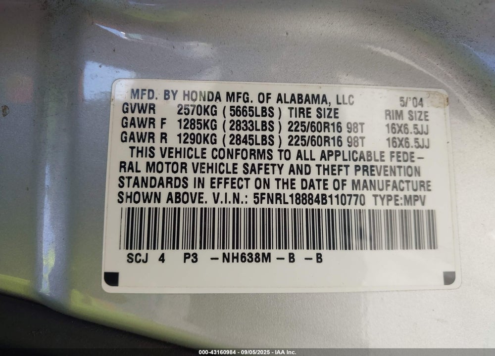 2004 HONDA ODYSSEY EX VIN: 5FNRL18884B110770