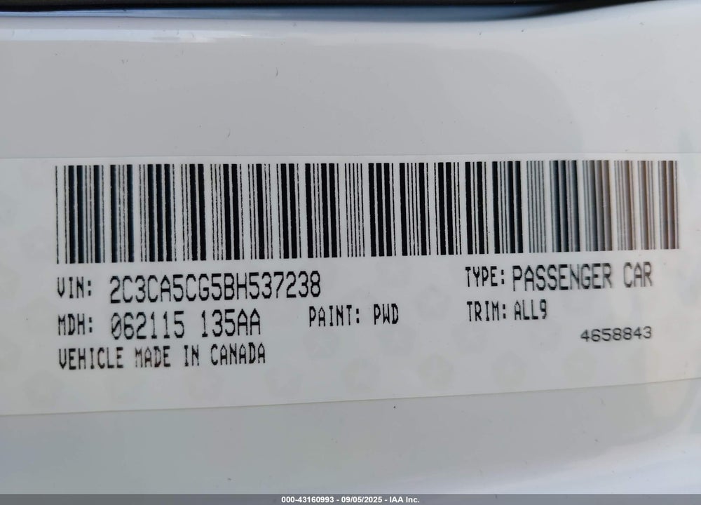 2011 CHRYSLER 300 VIN: 2C3CA5CG5BH537238