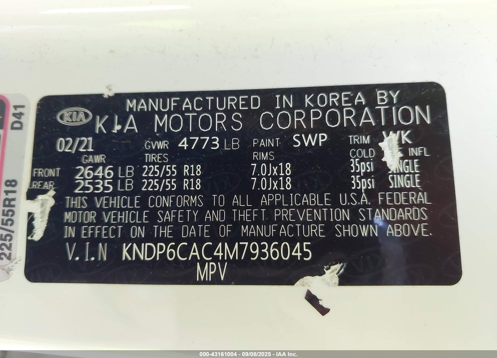 2021 KIA SPORTAGE VIN: KNDP6CAC4M7936045