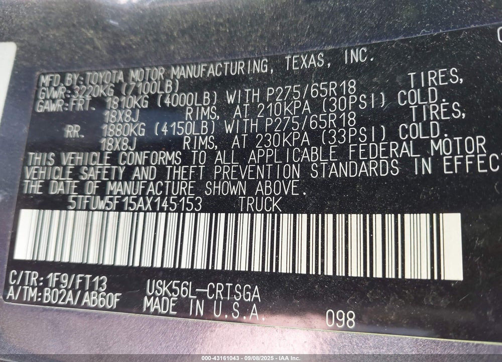 2010 TOYOTA TUNDRA VIN: 5TFUW5F15AX145153