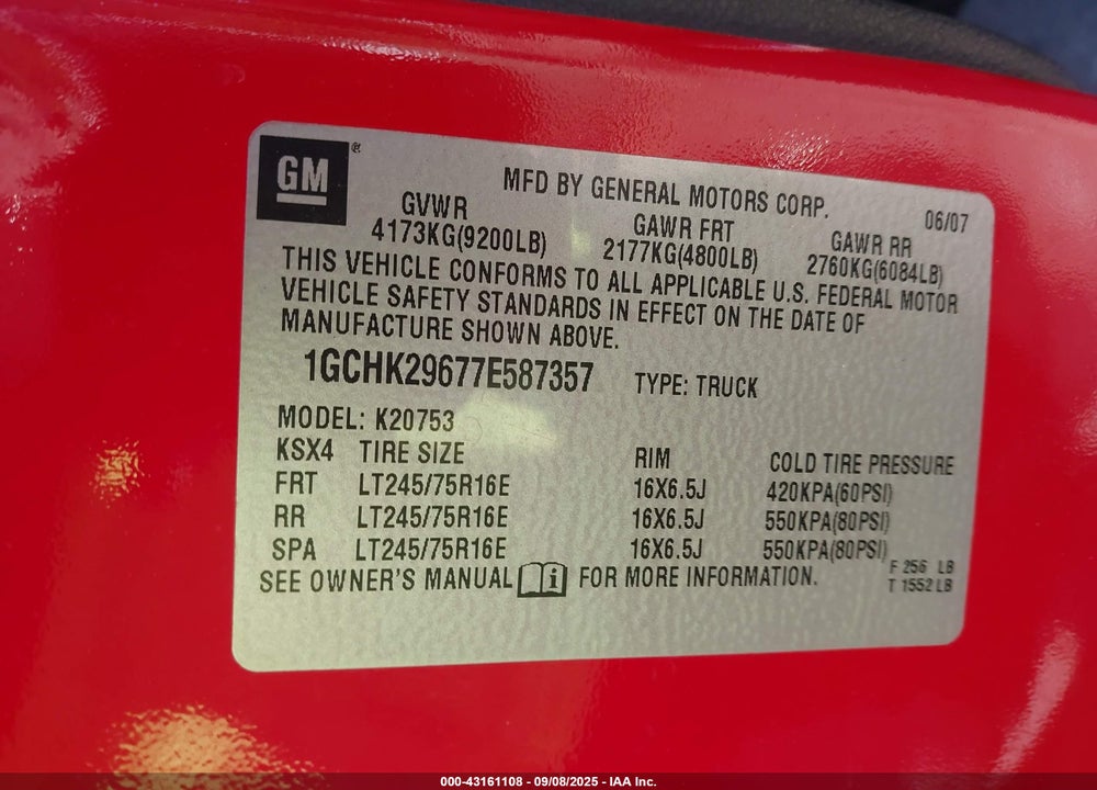 2007 CHEVROLET SILVERADO 2500HD K2500 HEAVY DUTY VIN: 1GCHK29677E587357