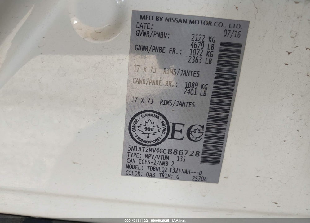 2016 NISSAN ROGUE VIN: 5N1AT2MV4GC886728