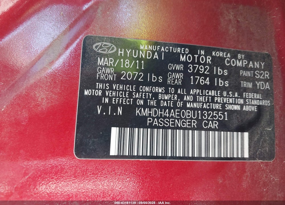 2011 HYUNDAI ELANTRA GLS (ULSAN PLANT) VIN: KMHDH4AE0BU132551