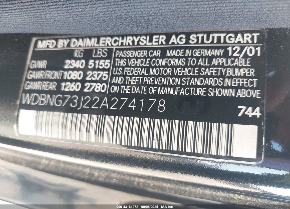2002 MERCEDES-BENZ S 55 AMG VIN: WDBNG73J22A274178