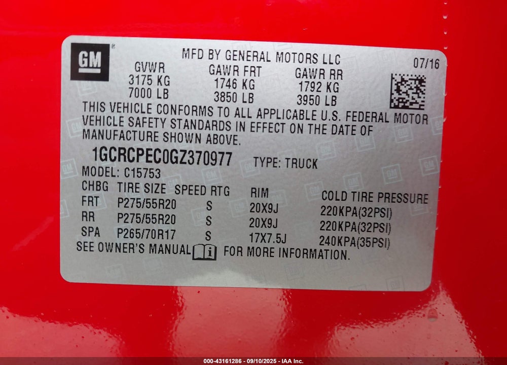 2016 CHEVROLET SILVERADO 1500 VIN: 1GCRCPEC0GZ370977