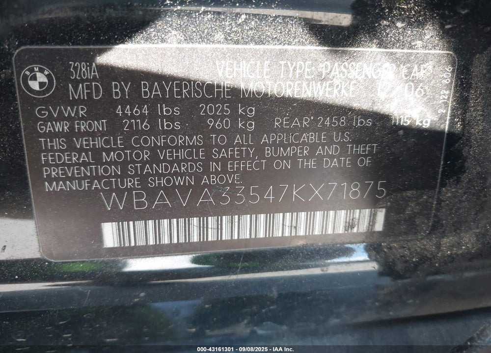 2007 BMW 3 SERIES VIN: WBAVA33547KX71875