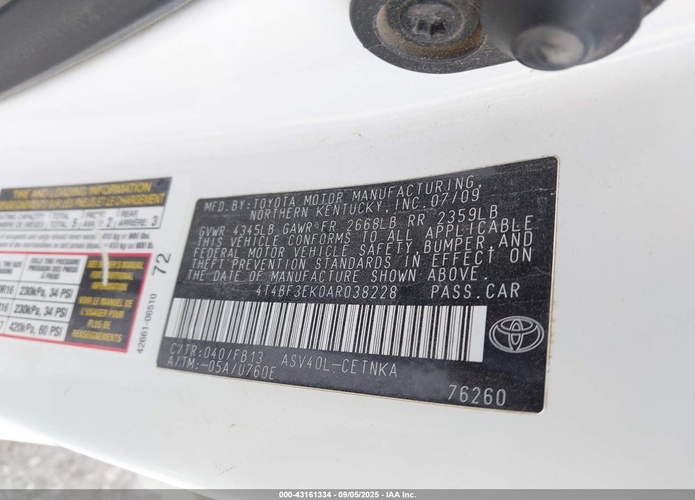 2010 TOYOTA CAMRY VIN: 4T4BF3EK0AR038228