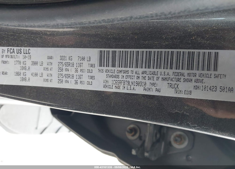 2020 RAM 1500 VIN: 1C6SRFBT9LN190310