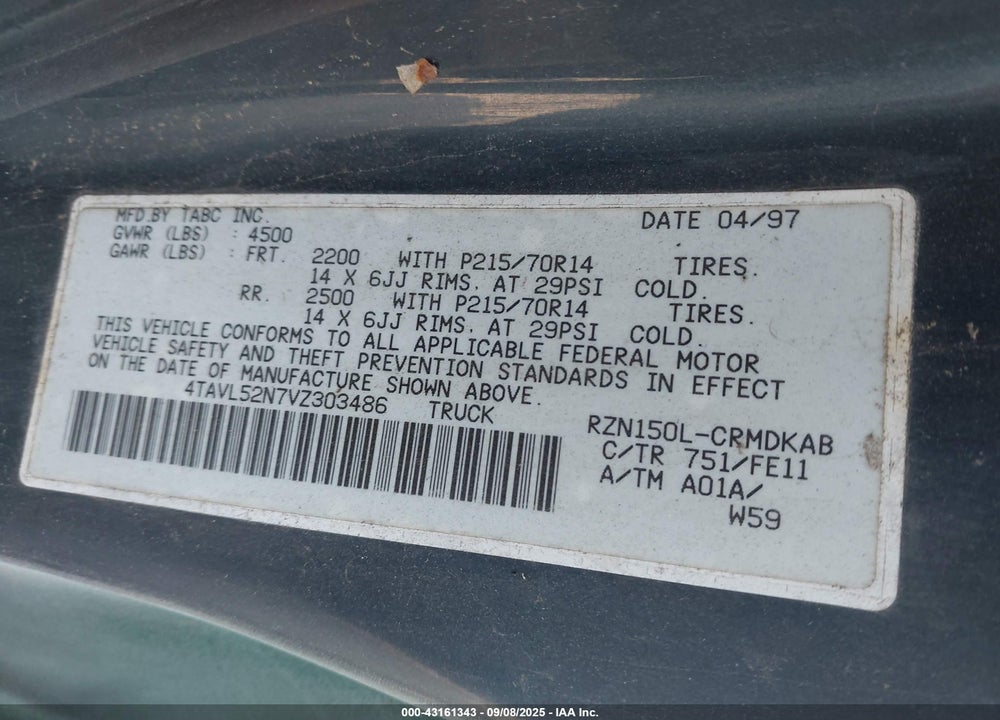 1997 TOYOTA TACOMA VIN: 4TAVL52N7VZ303486