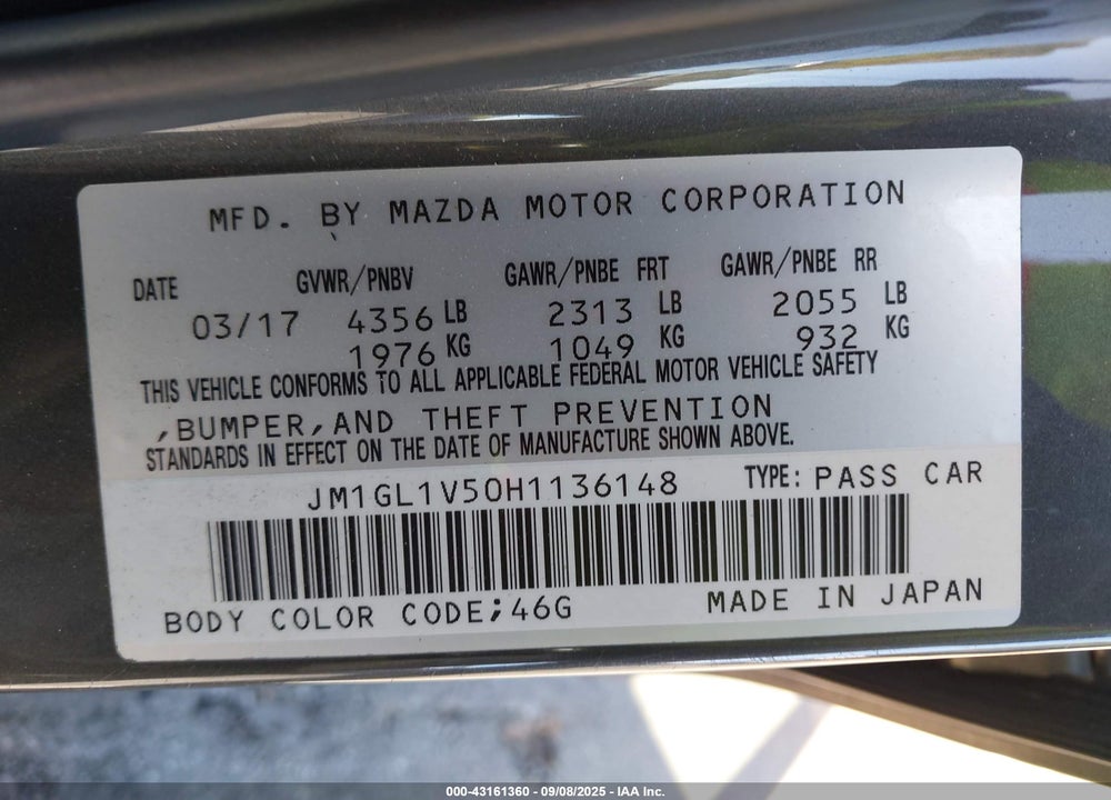 2017 MAZDA 6 TOURING VIN: JM1GL1V50H1136148