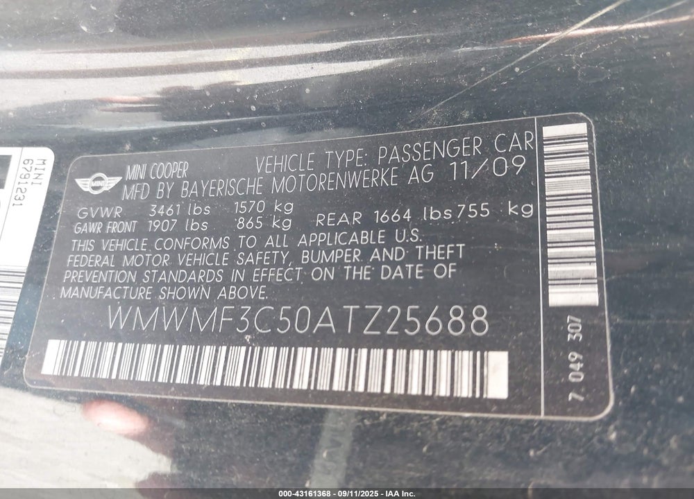 2010 MINI COOPER VIN: WMWMF3C50ATZ25688