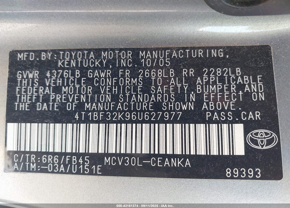 2006 TOYOTA CAMRY LE V6 VIN: 4T1BF32K96U627977