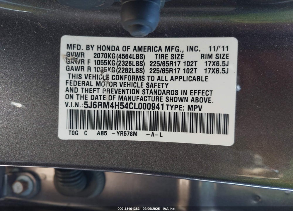 2012 HONDA CR-V VIN: 5J6RM4H54CL000941