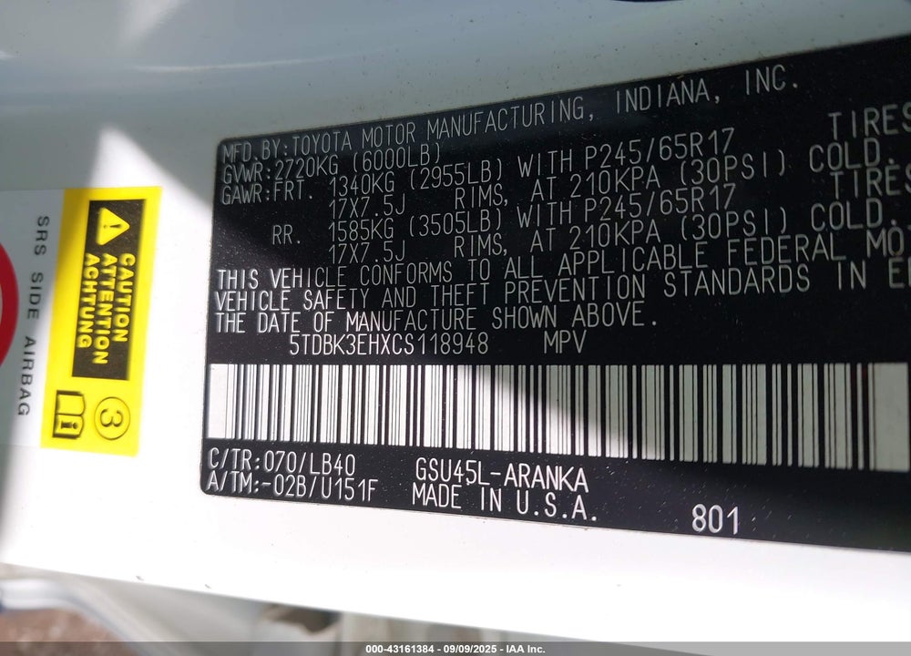 2012 TOYOTA HIGHLANDER VIN: 5TDBK3EHXCS118948