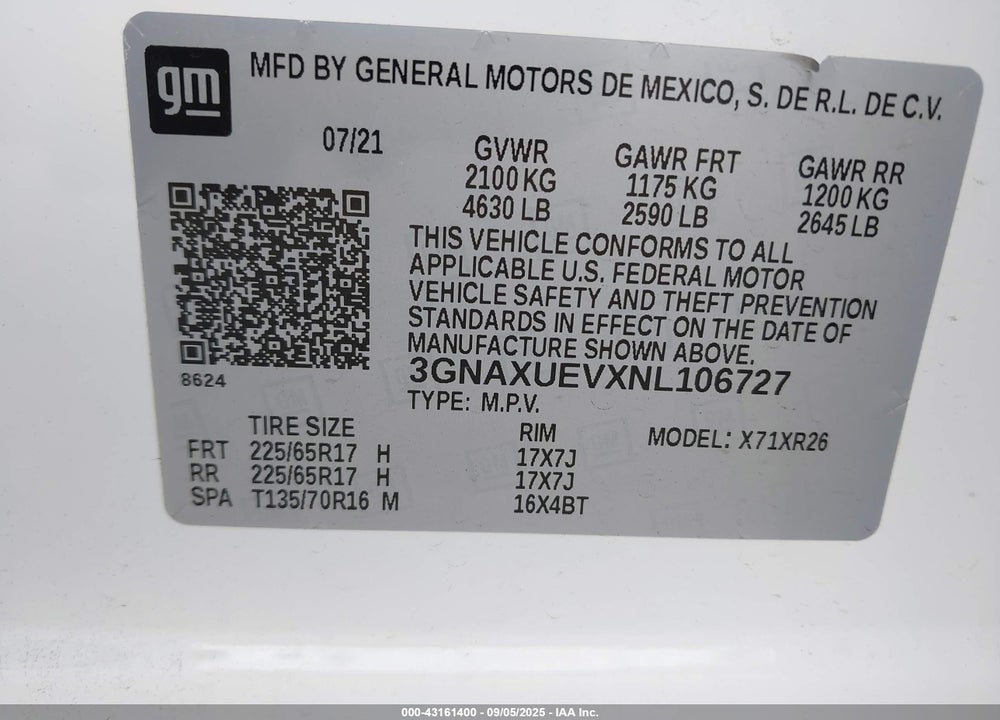 2022 CHEVROLET EQUINOX VIN: 3GNAXUEVXNL106727