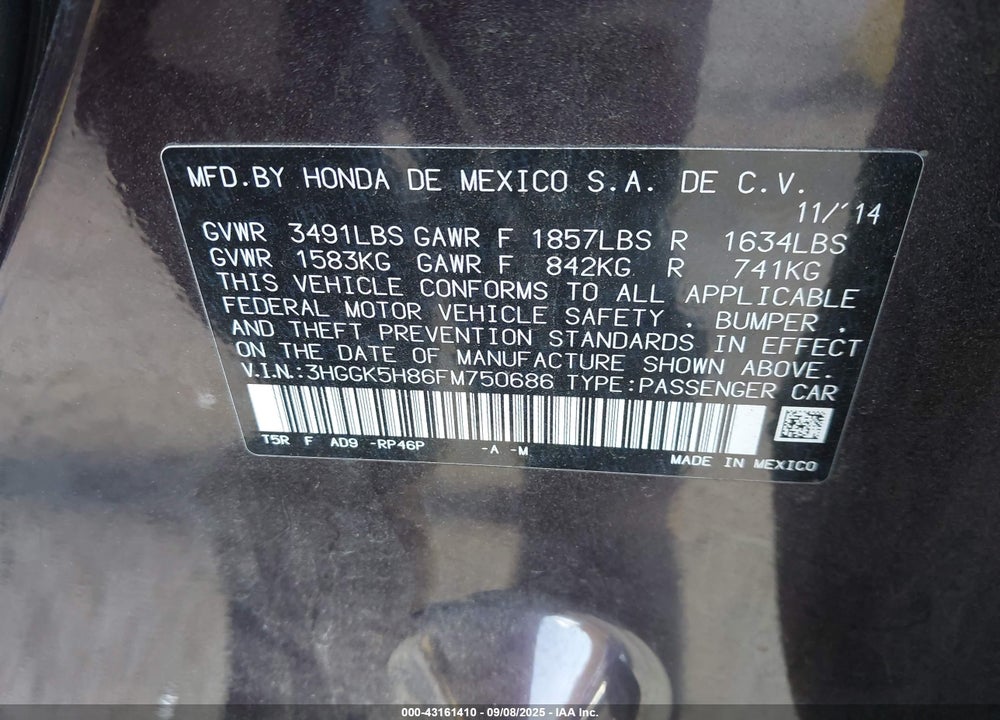 2015 HONDA FIT VIN: 3HGGK5H86FM750686