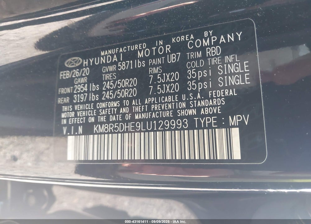 2020 HYUNDAI PALISADE LIMITED VIN: KM8R5DHE9LU129993