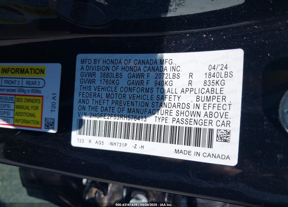 2024 HONDA CIVIC SPORT VIN: 2HGFE2F53RH576413