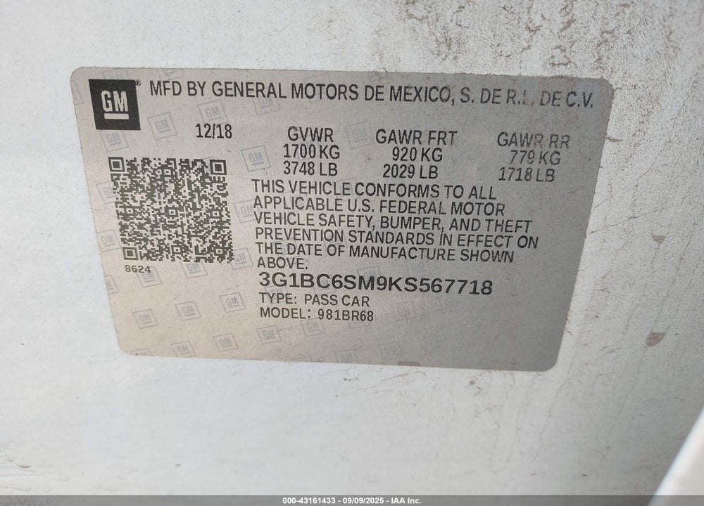 2019 CHEVROLET CRUZE VIN: 3G1BC6SM9KS567718