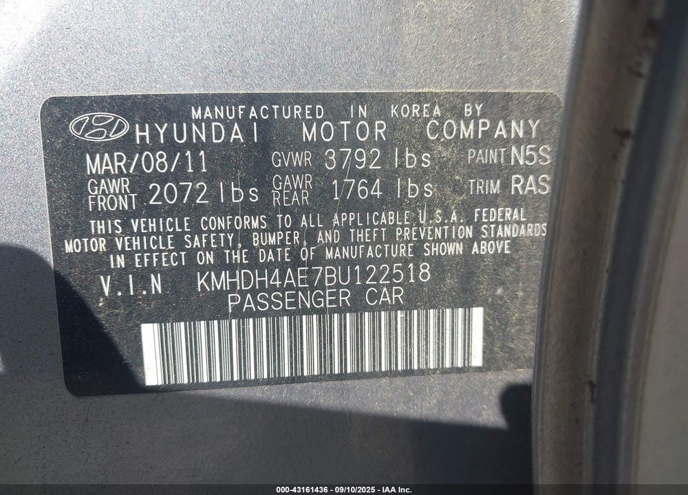 2011 HYUNDAI ELANTRA VIN: KMHDH4AE7BU122518