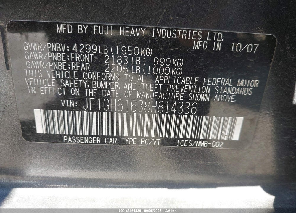 2008 SUBARU IMPREZA 2.5I VIN: JF1GH61638H814336