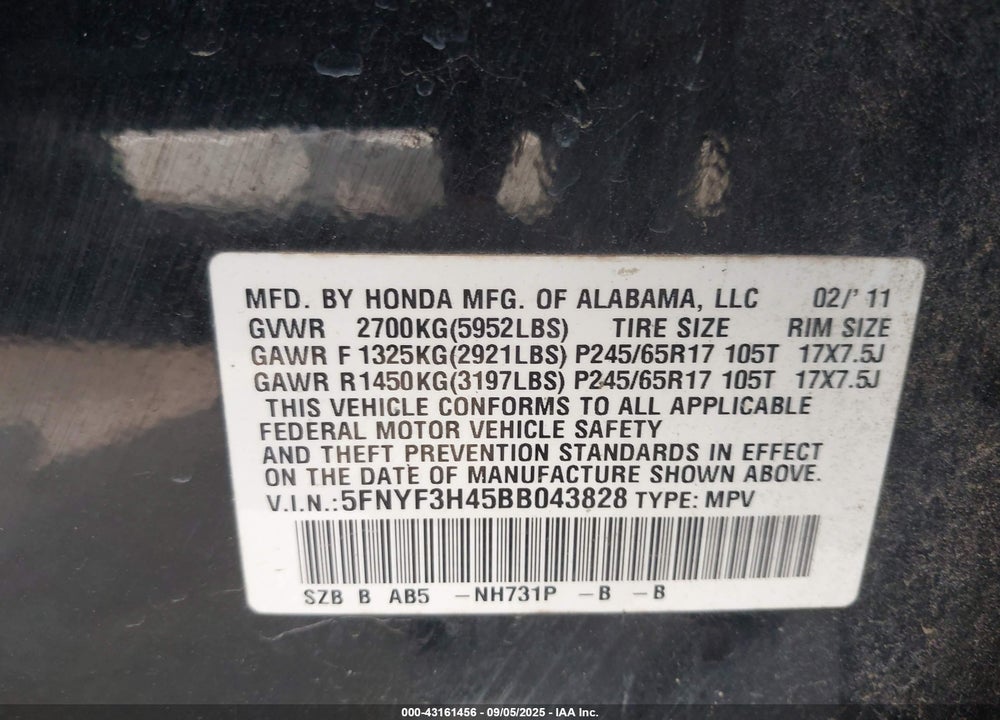 2011 HONDA PILOT VIN: 5FNYF3H45BB043828