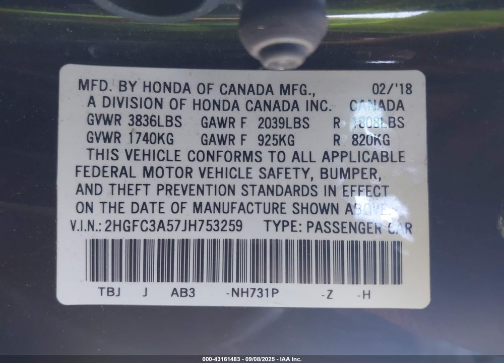2018 HONDA CIVIC VIN: 2HGFC3A57JH753259