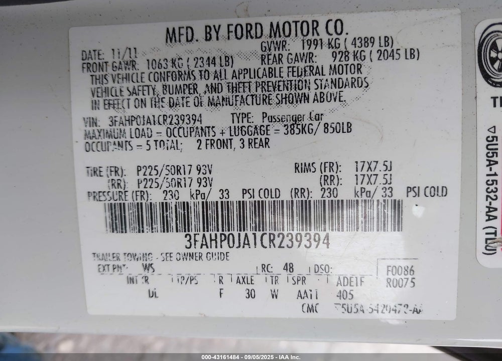 2012 FORD FUSION VIN: 3FAHP0JA1CR239394