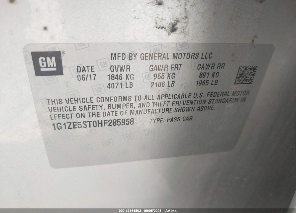2017 CHEVROLET MALIBU 1LT VIN: 1G1ZE5ST0HF285958