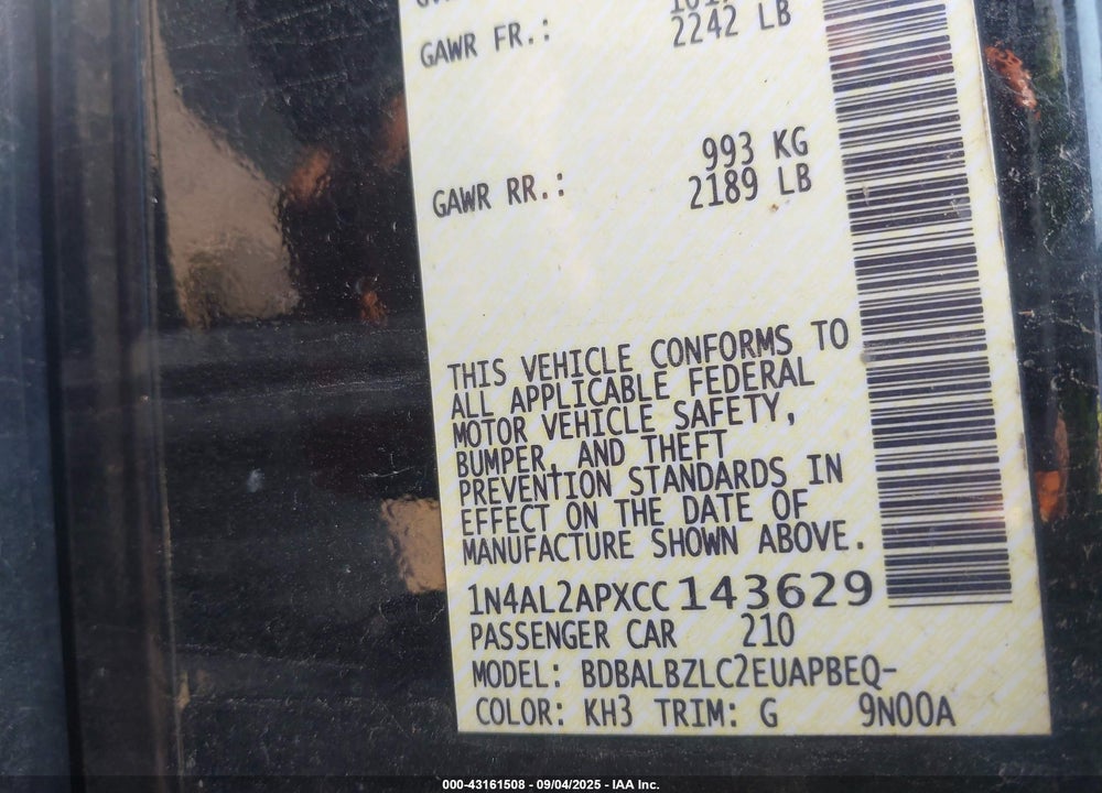 2012 NISSAN ALTIMA VIN: 1N4AL2APXCC143629