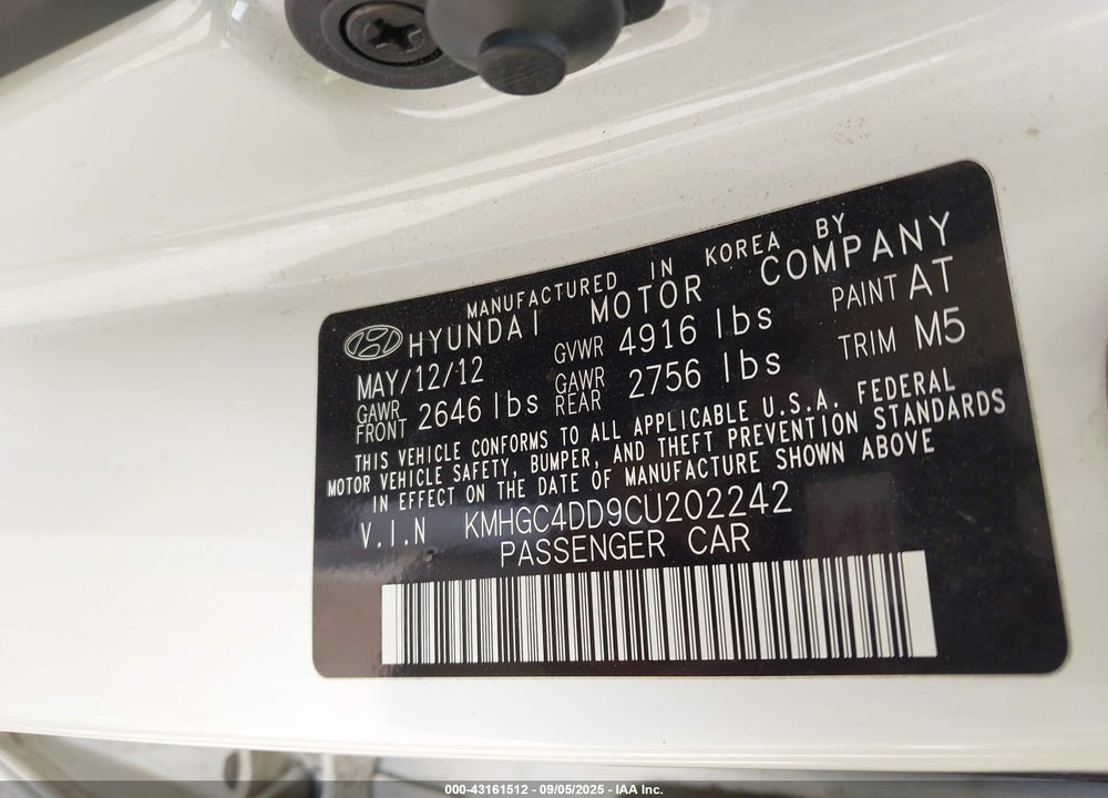 2012 HYUNDAI GENESIS VIN: KMHGC4DD9CU202242